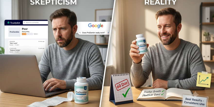 "A hyper-realistic, cinematic split-screen photograph (16:9 aspect ratio, 1280x720 resolution) showing the contrast between skepticism about ProDentim and the reality of its results. On the left side (the 'Skepticism'): A concerned person in their late 30s sitting at a desk, looking at a laptop screen with a questioning expression. The screen displays a Trustpilot page with a 'Poor' rating and negative reviews, alongside a search bar with the question 'Does ProDentim really work?' On the desk, there is a crumpled receipt and a bottle of ProDentim. The lighting is neutral and realistic. The atmosphere is skeptical and questioning. On the right side (the 'Reality'): The same person now looking satisfied and confident, holding a bottle of ProDentim with a smile. On the desk, a notebook has 'Fresher Breath ✓' and 'Healthier Gums ✓' written on it. A small calendar shows a '60 Day' mark with a green checkmark. A tiny graph on a sticky note shows an upward trend. Warm, natural light creates a balanced, informed atmosphere. A small badge on the desk reads 'Real Results - Consistent Use.' A subtle 'SKEPTICISM' and 'REALITY' text appears at the bottom of each side. The transition between the two sides is seamless, with a soft gradient suggesting informed decision-making. Professional photography style, shallow depth of field, 8k resolution, ultra high definition, editorial magazine aesthetic. No cartoon, no illustration, no 2D animation, no comic style. Focus strictly on photorealism, realistic human expressions, and the contrast between skepticism and informed reality."