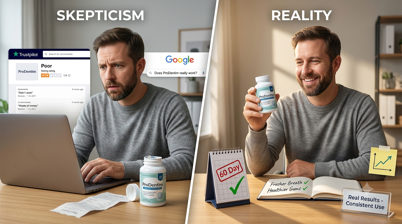"A hyper-realistic, cinematic split-screen photograph (16:9 aspect ratio, 1280x720 resolution) showing the contrast between skepticism about ProDentim and the reality of its results. On the left side (the 'Skepticism'): A concerned person in their late 30s sitting at a desk, looking at a laptop screen with a questioning expression. The screen displays a Trustpilot page with a 'Poor' rating and negative reviews, alongside a search bar with the question 'Does ProDentim really work?' On the desk, there is a crumpled receipt and a bottle of ProDentim. The lighting is neutral and realistic. The atmosphere is skeptical and questioning. On the right side (the 'Reality'): The same person now looking satisfied and confident, holding a bottle of ProDentim with a smile. On the desk, a notebook has 'Fresher Breath ✓' and 'Healthier Gums ✓' written on it. A small calendar shows a '60 Day' mark with a green checkmark. A tiny graph on a sticky note shows an upward trend. Warm, natural light creates a balanced, informed atmosphere. A small badge on the desk reads 'Real Results - Consistent Use.' A subtle 'SKEPTICISM' and 'REALITY' text appears at the bottom of each side. The transition between the two sides is seamless, with a soft gradient suggesting informed decision-making. Professional photography style, shallow depth of field, 8k resolution, ultra high definition, editorial magazine aesthetic. No cartoon, no illustration, no 2D animation, no comic style. Focus strictly on photorealism, realistic human expressions, and the contrast between skepticism and informed reality."